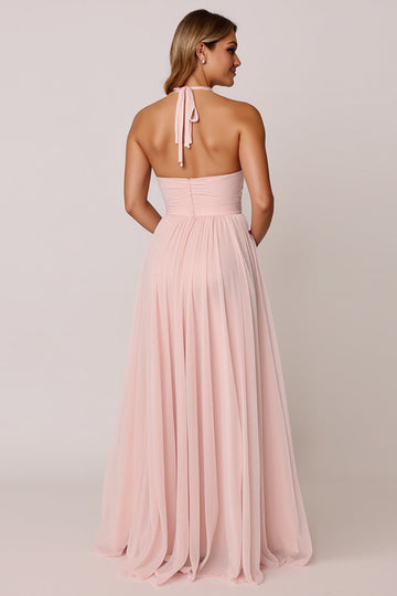 Halter Candy Pink A Line Sleeveless Long Bridesmaid Dress